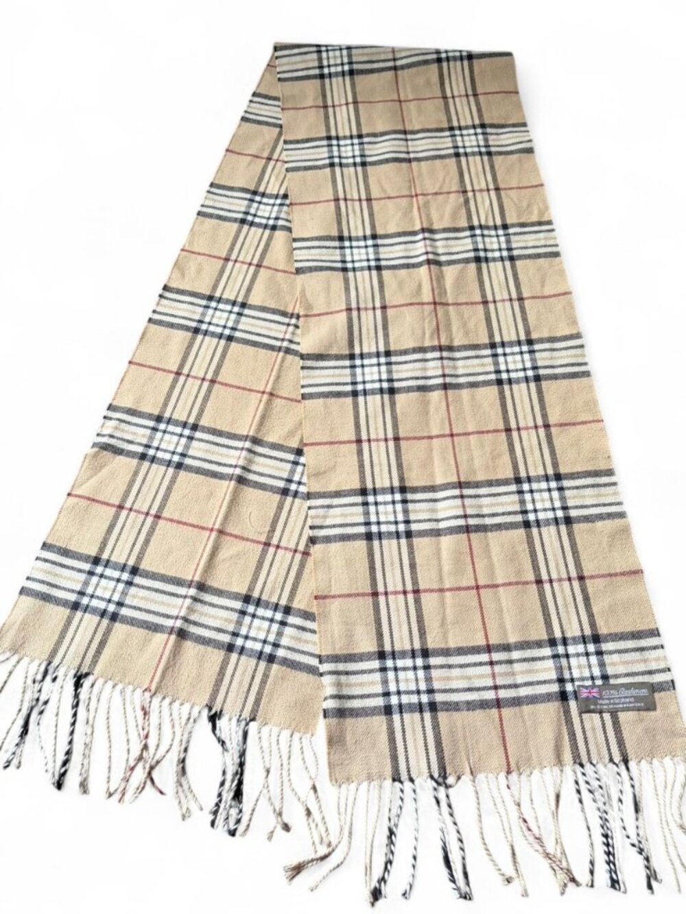 Vintage 100% Cashmere Beige, Black, White & Red Plaid Scarf  Tartan pattern